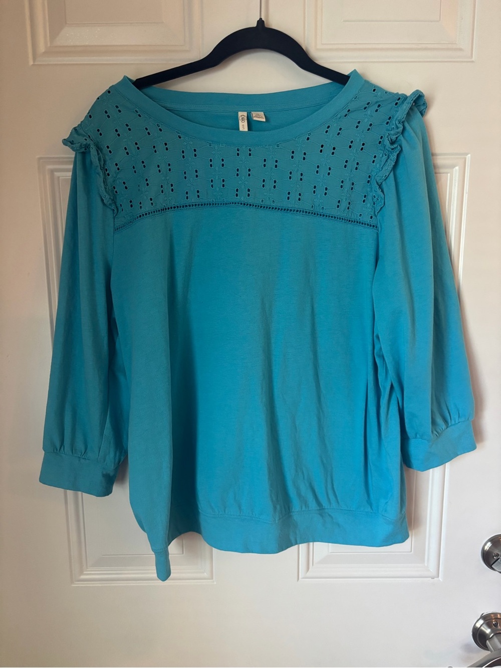 Cato Turquoise Eyelet Yoke Long Sleeve Top